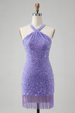 Sparkly Lilac Bodycon Halter Tassel Short Homecoming Dress with Sequins