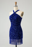 Sparkly Royal Blue Bodycon Halter Sequin Short Homecoming Dress with Tassel