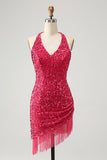 Sparkly Fuchsia Sequins Halter Short Bodycon Homecoming Dress with Tassels