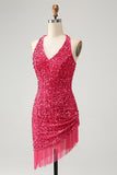 Sparkly Fuchsia Sequins Halter Short Bodycon Homecoming Dress with Tassels