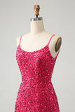 Fuchsia Sequins Spaghetti Straps Short Homecoming Dress with Tassels
