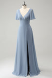 Grey Blue V-Neck Puff Chiffon Long Bridesmaid Dress with Hollow Out Back