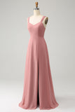 Brick Red A Line Spaghetti Straps Long Bridesmaid Dress with Slit
