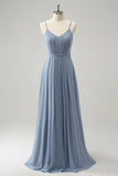 Grey Blue Chiffon Corset A Line Spaghetti Straps Pleated Long Bridesmaid Dress