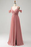 Chiffon Red A Line Spaghetti Straps Pleated Bridesmaid Dress with Slit