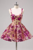 White A-Line Corset Short Floral Cocktail Dress with Sequins