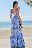 Off The Shoulder Blue Floral A Line Chiffon Bridesmaid Dress