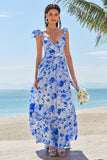 Off The Shoulder Blue Floral A Line Chiffon Bridesmaid Dress