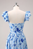 Blue Off The Shoulder Floral A Line Bridesmaid Dress