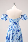 Blue Off The Shoulder Floral A Line Bridesmaid Dress