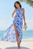 Blue Floral Chiffon Bridesmaid Dress with Ruffles