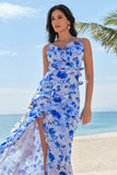 Blue Floral Chiffon Bridesmaid Dress with Ruffles