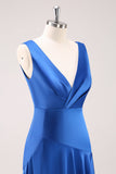 Ink Blue V-Neck Satin Bridesmaid Dress with Slit