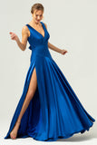 Ink Blue A Line V-Neck Satin Long Bridesmaid Dress with Slit