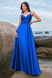 Spaghetti Straps Satin Ink Blue Bridesmaid Dress with Slit