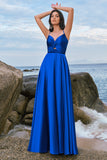 Spaghetti Straps Satin Ink Blue Bridesmaid Dress with Slit