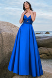 Spaghetti Straps Satin Ink Blue Bridesmaid Dress with Slit