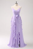 Lilac A-Line Chiffon Ruffled Bridesmaid Dress with Slit