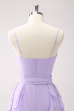 Lilac A-Line Chiffon Ruffled Bridesmaid Dress with Slit