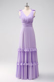 Lilac Chiffon A-Line Ruched Long Bridesmaid Dress with Ruffles