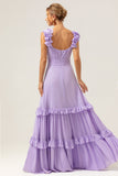 Lilac Chiffon A-Line Ruched Long Bridesmaid Dress with Ruffles