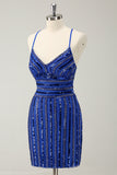 Sparkly Royal Blue Tight Sequined Spaghetti Straps Homecoming Dress