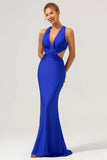 Royal Blue Mermaid V Neck Cut Out Ruched Long Bridesmaid Dress