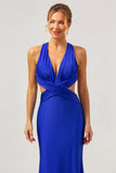 Royal Blue Mermaid V Neck Cut Out Ruched Long Bridesmaid Dress