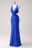 Royal Blue Mermaid Cut Out Ruched Long Bridesmaid Dress