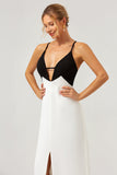 Black White Sheath Spaghetti Straps V Neck Long Prom Dress With Front Split