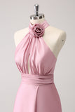 Pink Keyhole A-Line Satin Bridesmaid Dress with Slit