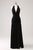 Black Mermaid Pleated Backless Long Bridesmaid Dress