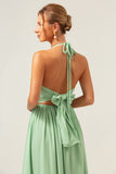 Light Green A Line Halter Backless Long Bridesmaid Dress with Lace Up Back