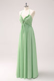 Light Green A Line Halter Backless Lace Up Long Bridesmaid Dress