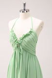 Light Green A Line Halter Backless Lace Up Long Bridesmaid Dress