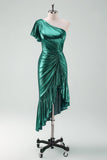 Dark Green Metallic One Shoulder Mermaid Cocktail Dress with Ruffles