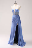 Sparkly Blue Spaghetti Straps Corset Prom Dress with Lace-Up Back