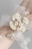 Elegant White Ceramic Flower Mesh Wrist Corsage with Lace Ribbon