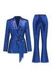 Sparkly Green Sequins Notched Lapel Women Choir Suits with Belt
