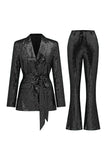 Glitter Green Sequins Notched Lapel Women Suits with Belt