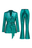 Glitter Green Sequins Notched Lapel Women Suits with Belt