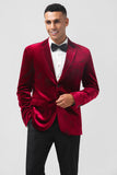 Burgundy Notched Lapel Velvet Single Breasted Men's Blazer