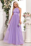 Sparkly Purple A Line Halter Long Prom Dress