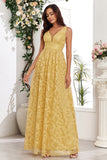 Yellow V-Neck Long Prom Dress With Appliques