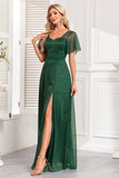 Sparkly Dark Green A Line Long Prom Dress With Slit