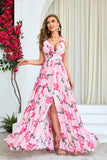 Pink Flower Print Pleated A Line Long Prom Dress with Slit