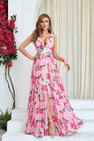 Pink Flower Print Pleated A Line Long Prom Dress with Slit