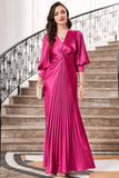 Fuchsia Pleated Long Prom Dress with Lantern Sleeves