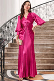 Fuchsia Pleated Long Prom Dress with Lantern Sleeves