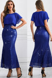 Sparkly Royal Blue Long Batwing Sleeves Mermaid Prom Dress